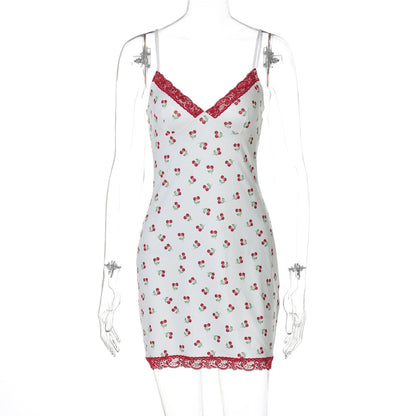 Women Clothing Summer Fresh Sweet Print Stitching Lace Strap Dress for Women by Ragazza