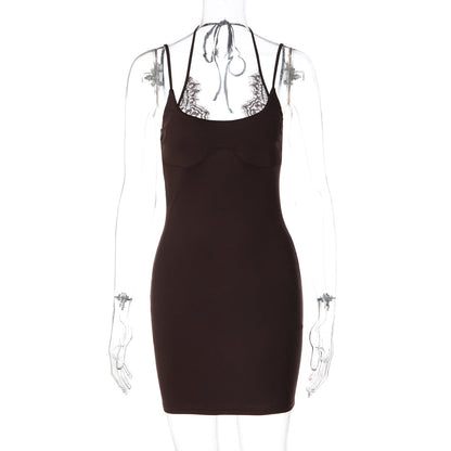 Women Clothing Sexy Lace Splicing Sling Dress Solid Color Pure Hip Dress  DestGlow