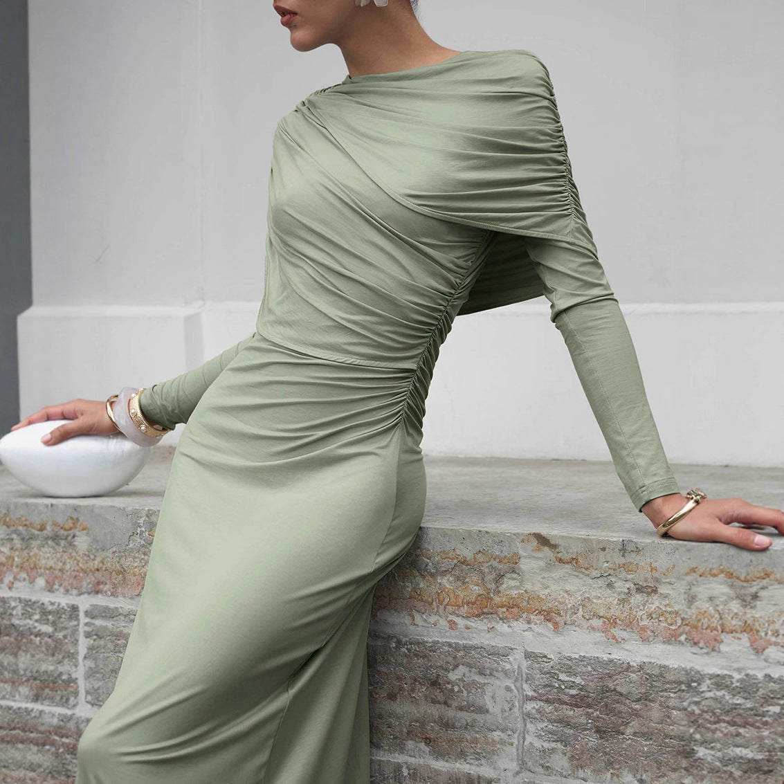 Fall Winter Elegant Long Sleeve Solid Color Knitted Slim Fit Maxi Dress Office Irregular Asymmetric Collar Dress for Women by Ragazza