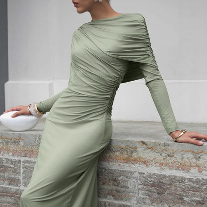 Fall Winter Elegant Long Sleeve Solid Color Knitted Slim Fit Maxi Dress Office Irregular Asymmetric Collar Dress for Women by Ragazza