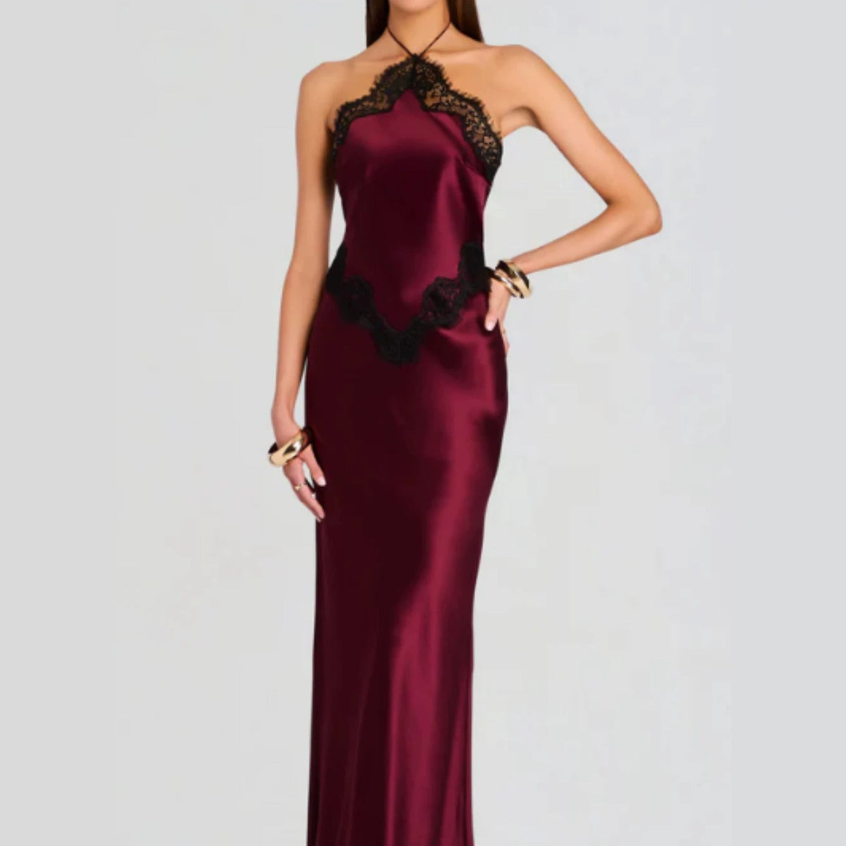 Patchwork Lace Maxi Dress Sexy Slim Fit Halter Waist Tight Elegant Dress  DestGlow