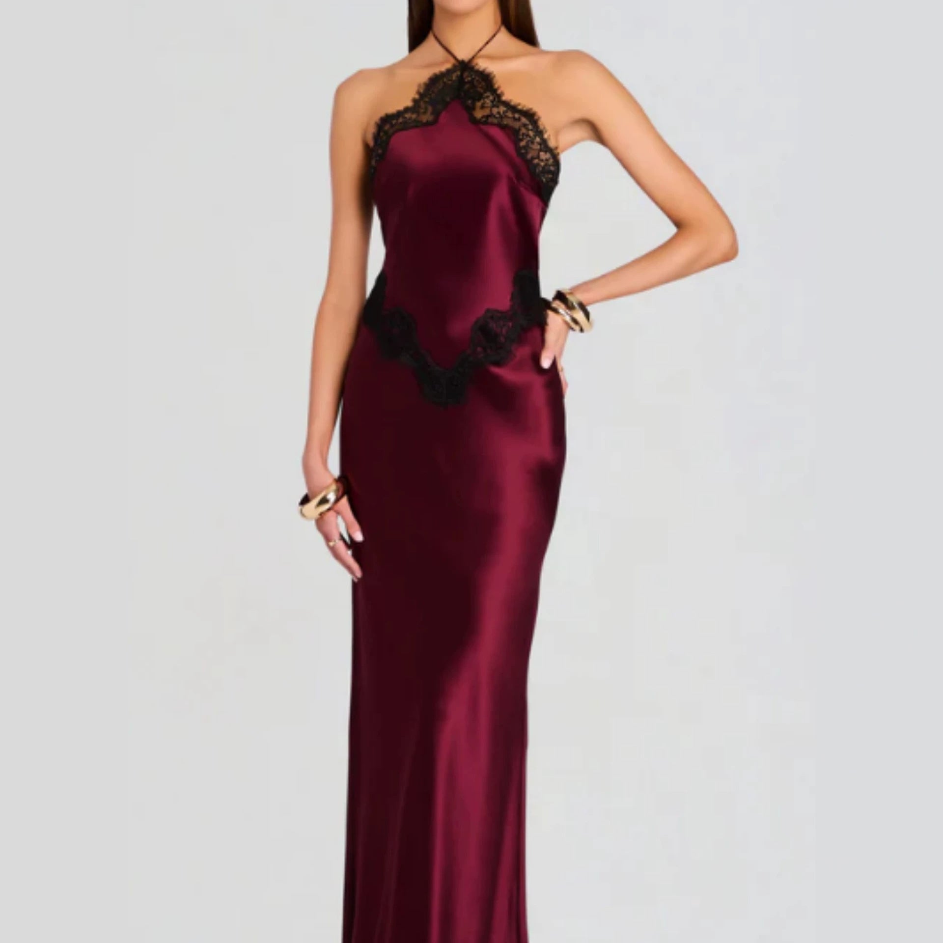 Patchwork Lace Maxi Dress Sexy Slim Fit Halter Waist Tight Elegant Dress  DestGlow
