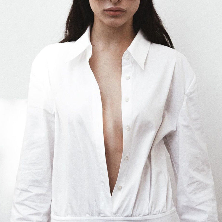 Women Clothing Spring Summer White Office Pleated A line Dress Collared Long Sleeve Shirt Dress Women by Ragazza