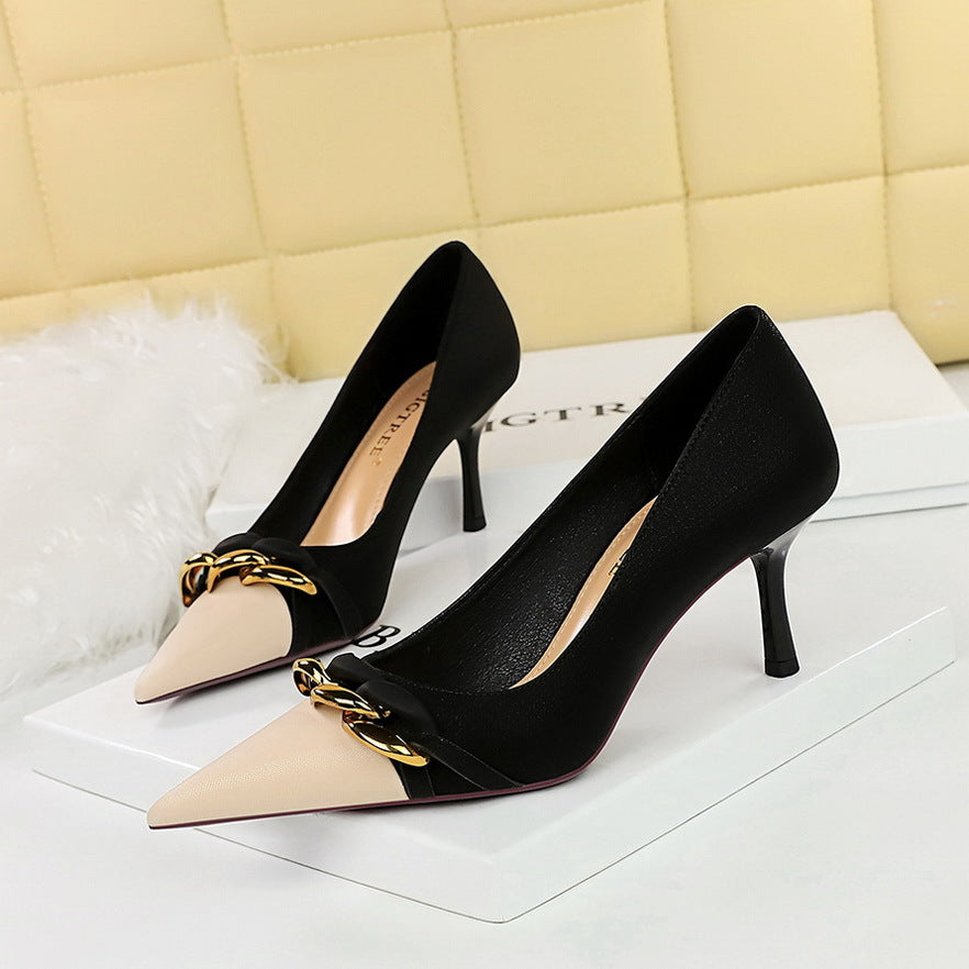 Cocktail Women Shoes Stiletto Heel Shallow Mouth Color Blocking Pointed Metal Chain Decorative Shoes  DestGlow