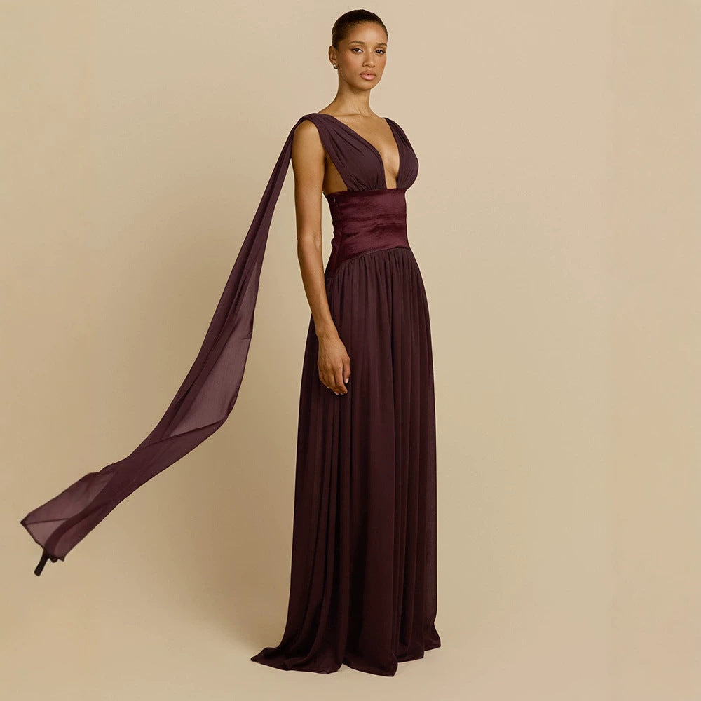 Wine Red Dress Women Summer Sleeveless Deep V Plunge Fitted High Waist Drape Chiffon Dinner Dress  DestGlow