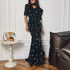 Women Clothing Digital Printing Sheath Dress V neck Half Sleeve Pleated High Waist Maxi Dress  DestGlow