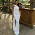 Women Clothing Solid Color Halter Dress Sexy Backless Ribbon Split Maxi Dress by Ragazza