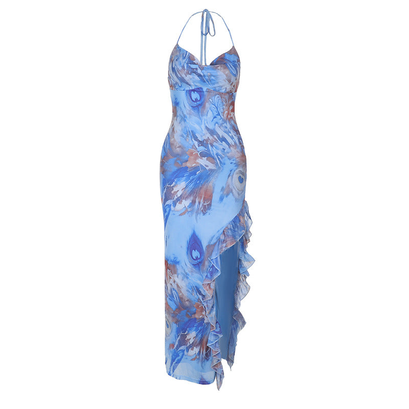 Pocket Collar Print Holiday Dress Spring Summer Sleeveless Split Maxi Dress by Ragazza