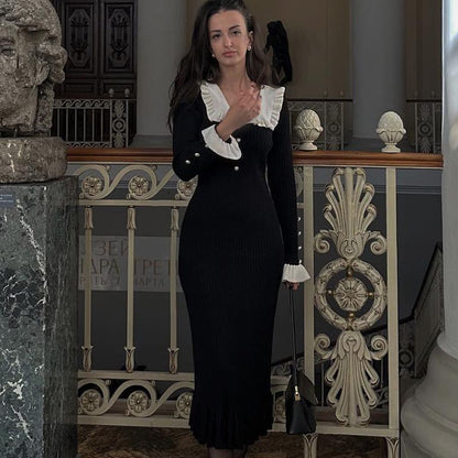 Ruffled Dress Knitted Dress Autumn Winter Sweater Dress Retro Lady French Dress by Ragazza
