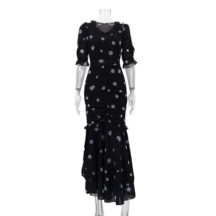 Women Clothing Digital Printing Sheath Dress V neck Half Sleeve Pleated High Waist Maxi Dress  DestGlow