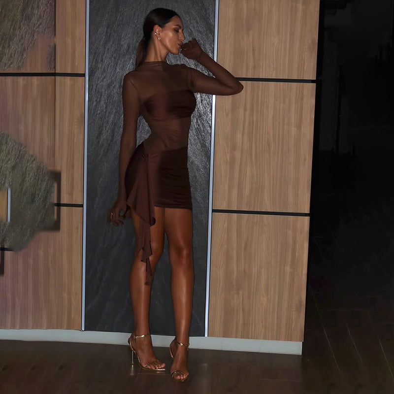 Women Sexy Mesh Stitching Hollow Out Cutout Pleated round Neck Slim Fit Long Sleeved Dress by Ragazza