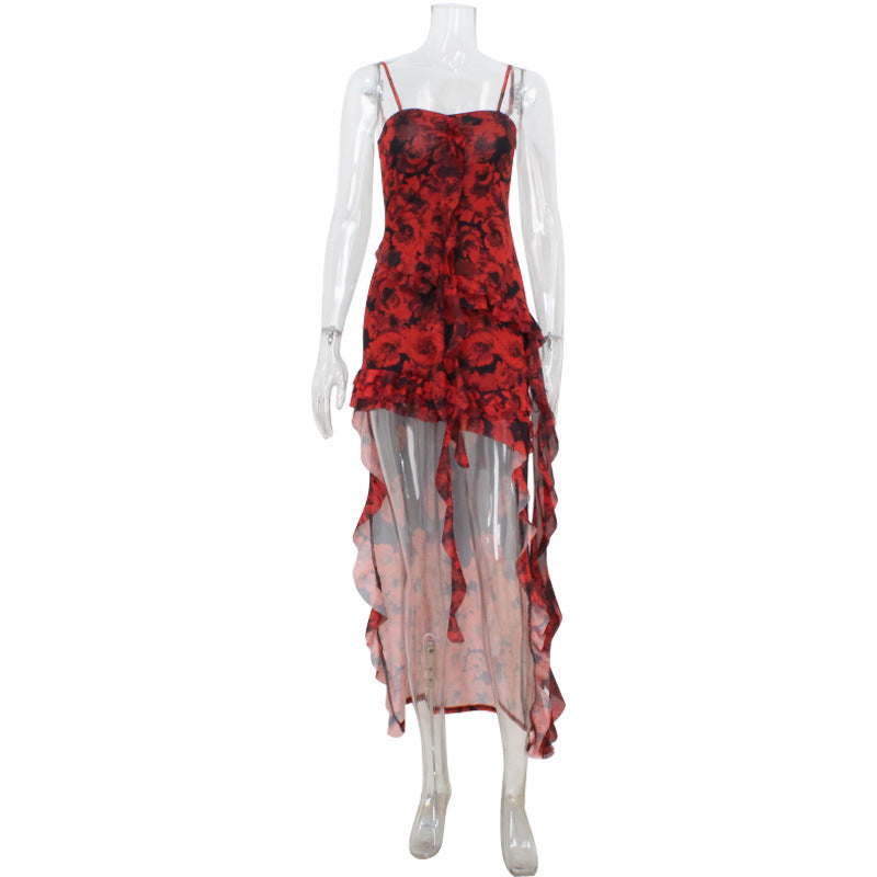 Summer Rose Print Tube Top Irregular Asymmetric Elegant Trailing Mesh Camisole Dress Slim Fit by Ragazza