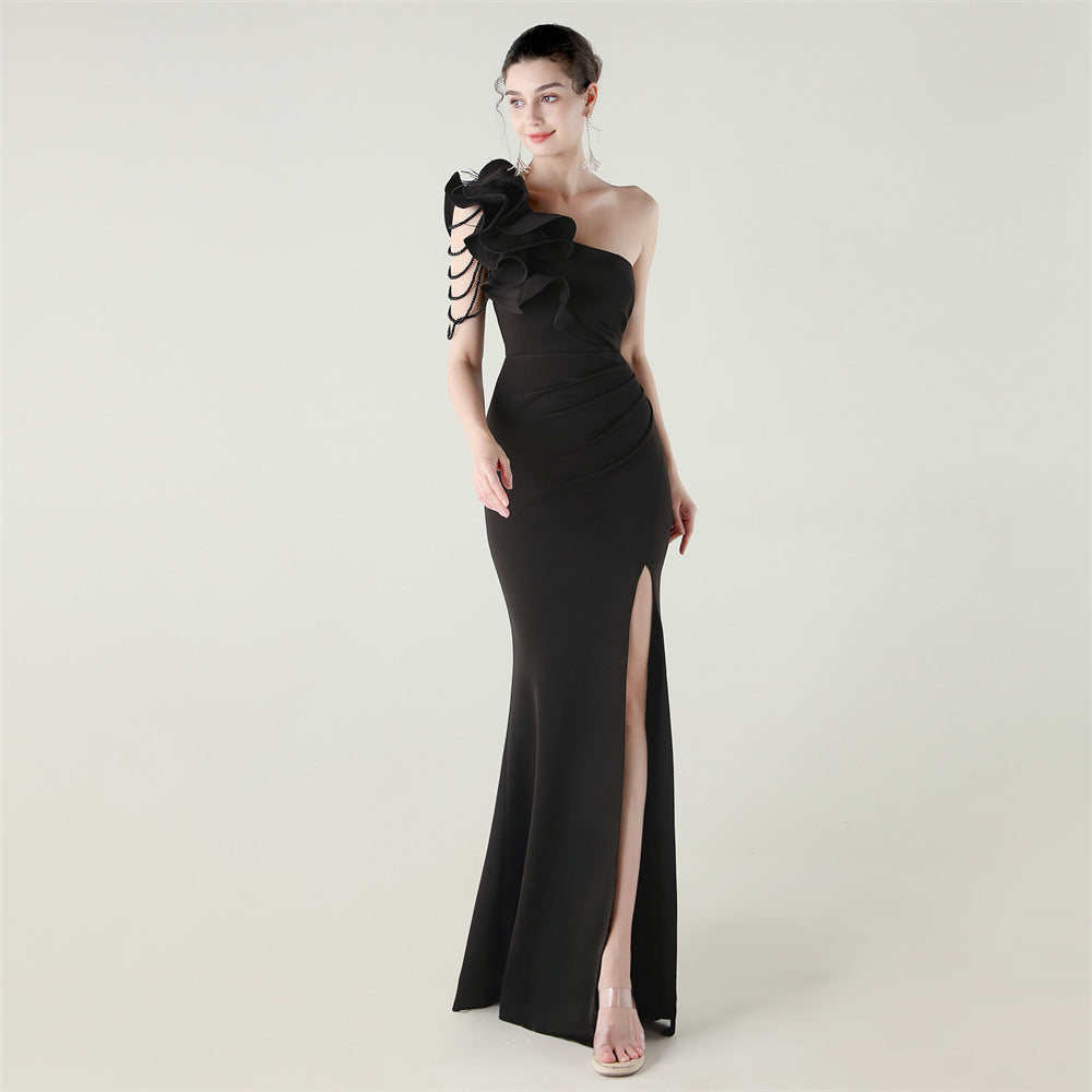 Single Shoulder Craft Beaded Nail Hair Wave Floral Satin High Slit Sexy Evening Dress Evening Cocktail Wedding by Ragazza