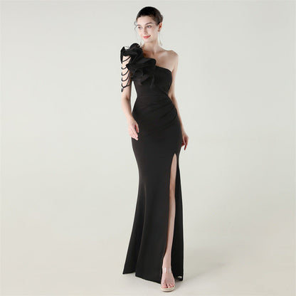 Single Shoulder Craft Beaded Nail Hair Wave Floral Satin High Slit Sexy Evening Dress Evening Cocktail Wedding by Ragazza