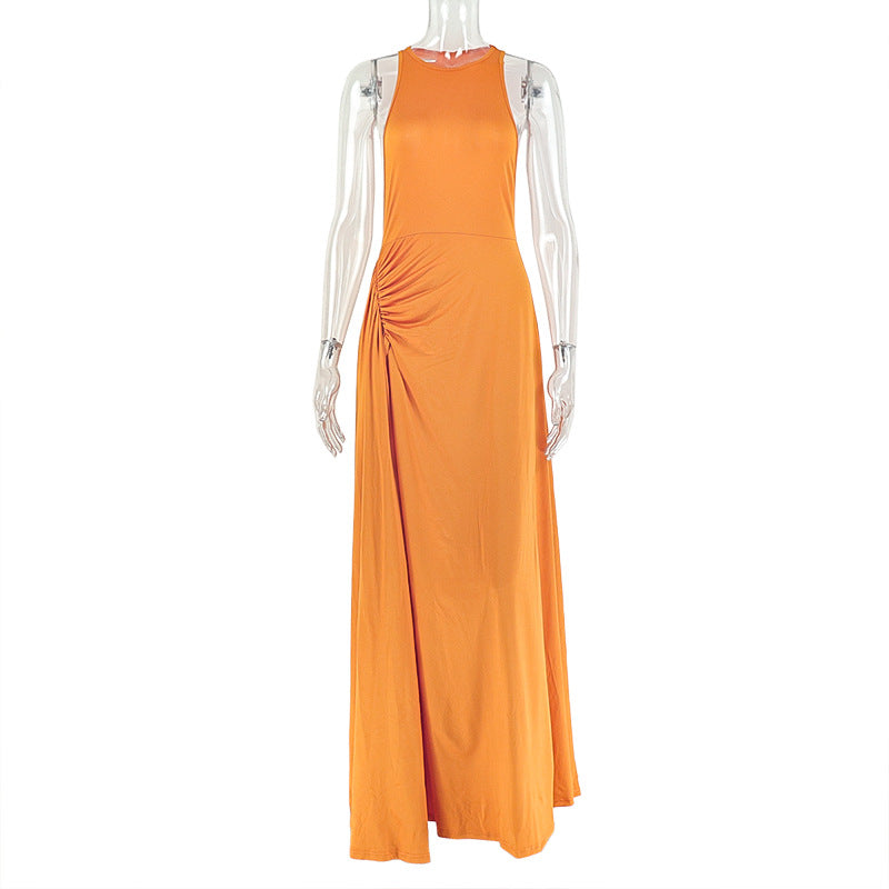 Women Clothing Fitted Waist Pleated Design Hip Dress Round Neck Sleeveless Dress by Ragazza