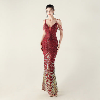 Deep V Plunge neck Wave Gradient Sequin Evening Dress Positioning Floral Cutting Craft Beaded Cocktail Battle Gown by Ragazza