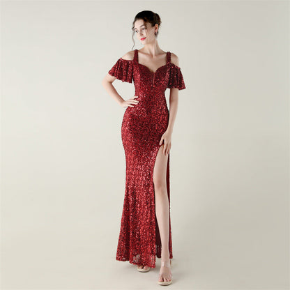 Bead Tube Sequin Heavy Industry Evening Dress Short Sleeve off the Shoulder Deep V Plunge High Slit Fishtail Dress Cocktail Socialite by Ragazza