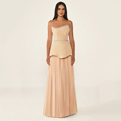 Tube Top Diamond Stitching Bandage Dress Party Elegant Dress Faux Two Piece Pleated Dress