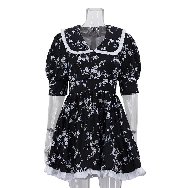 Women Digital Printed Peter Pan Collar Puff Sleeve High Waist Contrast Color A line Dress by Ragazza
