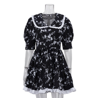 Women Digital Printed Peter Pan Collar Puff Sleeve High Waist Contrast Color A line Dress by Ragazza