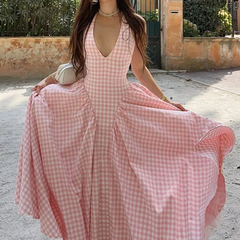 French Sweet Halter Strap Sexy V neck Backless Strap Dress by Ragazza
