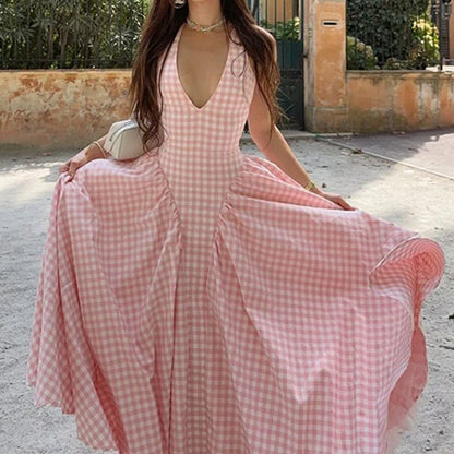 French Sweet Halter Strap Sexy V neck Backless Strap Dress by Ragazza