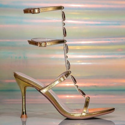 Elegant Sexy Women Super High Heel Sandals Gold Gem Decorative Roman Buckle Sandals  DestGlow
