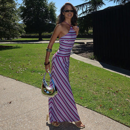 Women Clothing Summer Printed Striped Contrast Color Backless Slender Loose Sexy Dress by Ragazza