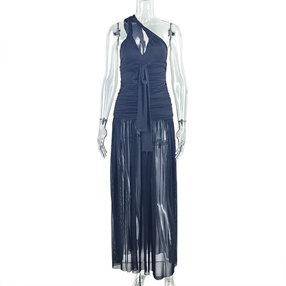 Women Clothing Solid Color Sheath Asymmetric Dress Diagonal Collar Backless Slim Fit Maxi Dress by Ragazza
