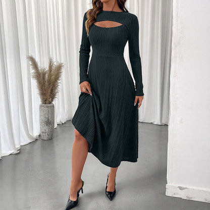 Autumn Elegant Office Sexy Cutout round Neck Solid Color Slim Fit Dress by Ragazza