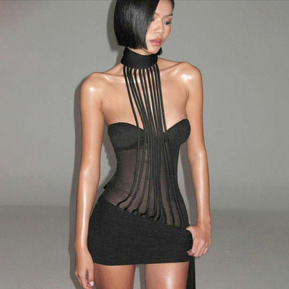 Autumn Winter Women Clothing Sexy Mesh Stitching Slim Slim Backless Halter Sheath Dress by Ragazza