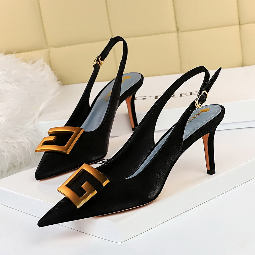 Women Shoes Stiletto Heel Shallow Mouth Pointed Toe Hollowed Back Strap Metal Square Buckle Pumps  DestGlow
