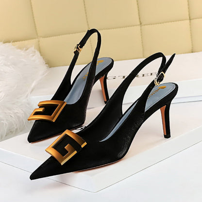Women Shoes Stiletto Heel Shallow Mouth Pointed Toe Hollowed Back Strap Metal Square Buckle Pumps  DestGlow