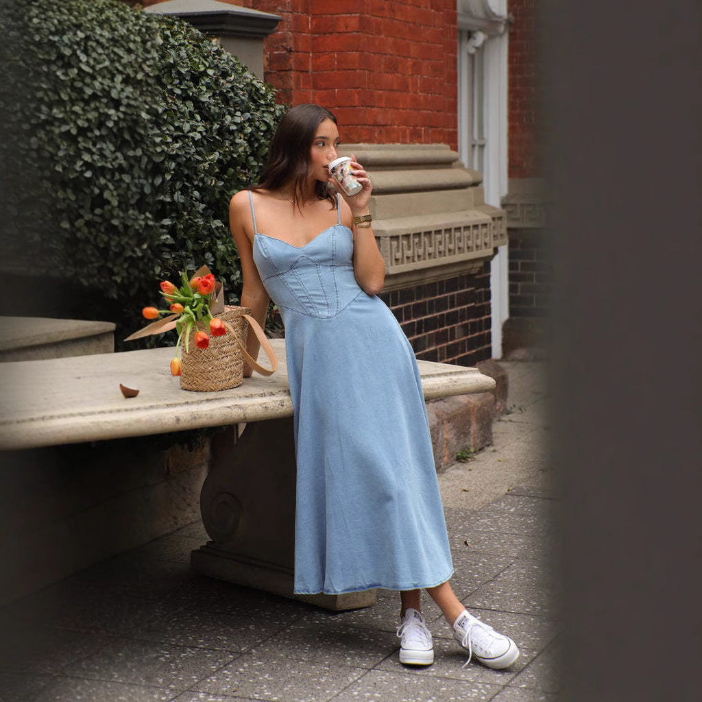 Summer Women Collection Sleeveless Spaghetti Straps Slimming Imitation Denim Dress by Ragazza