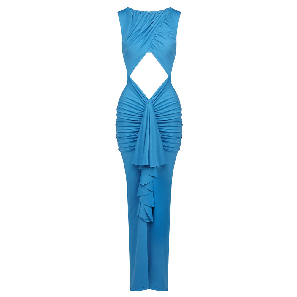 Elegant Stitching Sexy Dress Blue Hollow Out Cutout High Waist Slim Fit Dress Women by Ragazza