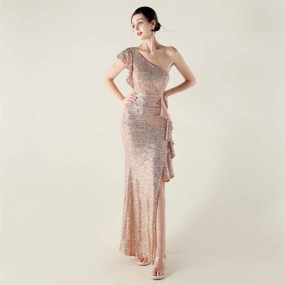 One Shoulder Ruffles Embellished Beaded Chain Handmade Sequined Evening Dress Cocktail Party Wedding by Ragazza