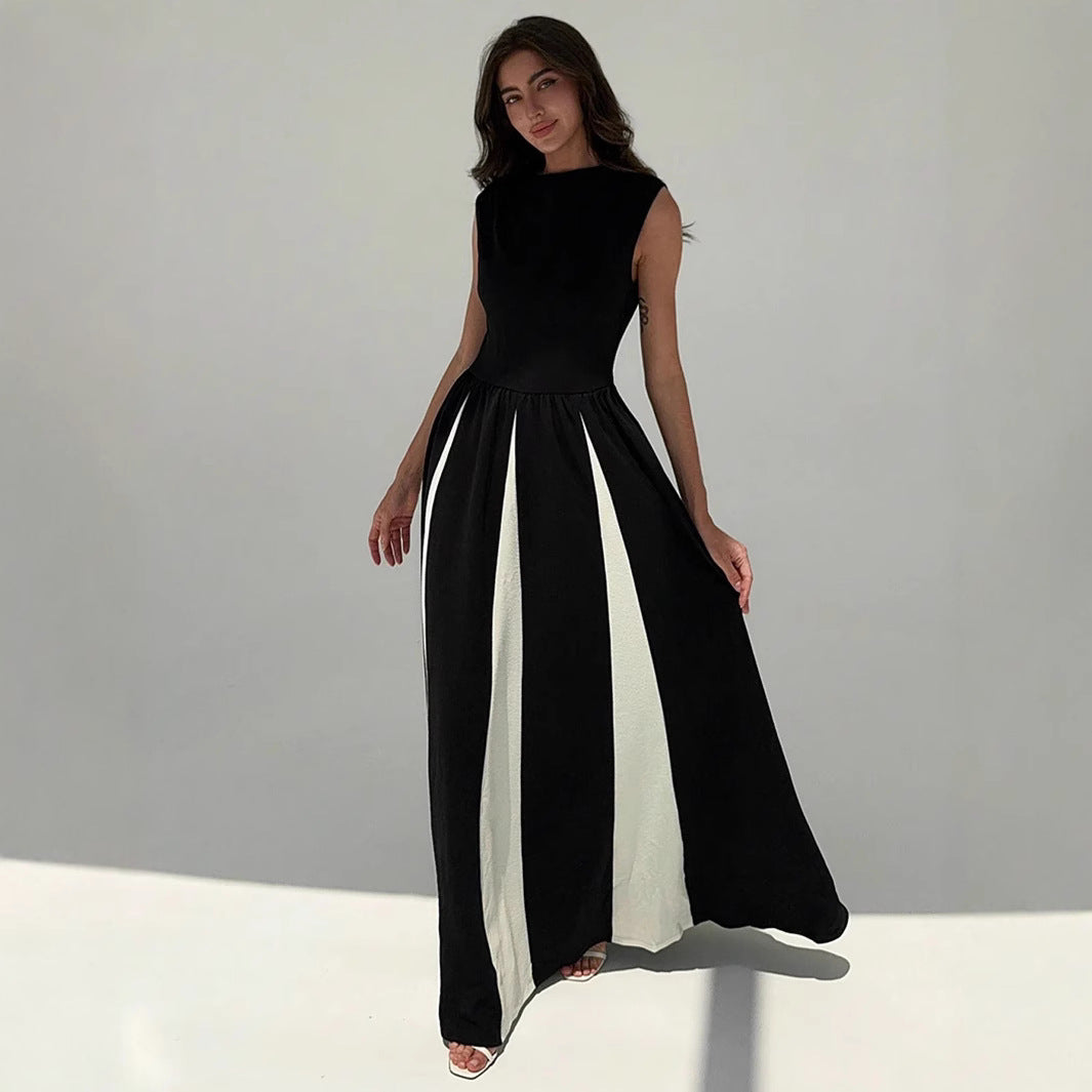 Elegant round Neck Sleeveless Waist Color Contrast Patchwork Dress Evening Dress Women Dress by Ragazza