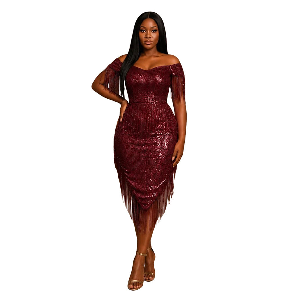 Fashionable Sexy off Shoulder Irregular Asymmetric Tassel Dress Sequin Small Dress  DestGlow