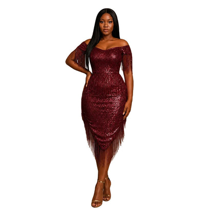 Fashionable Sexy off Shoulder Irregular Asymmetric Tassel Dress Sequin Small Dress  DestGlow