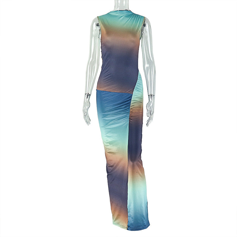 Sexy Slim Fit Fashionable Gradient Color Matching Hip Dress High Collar Sleeveless Pleated Maxi Dress Women Clothing by Ragazza