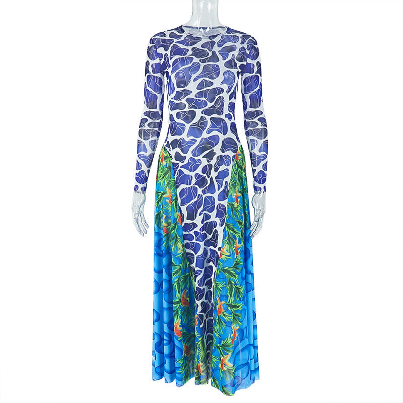 Printing Special Women Clothing Slightly Transparent Waist Slimming Hip Dress High Collar Long Sleeve Office Length Dress by Ragazza