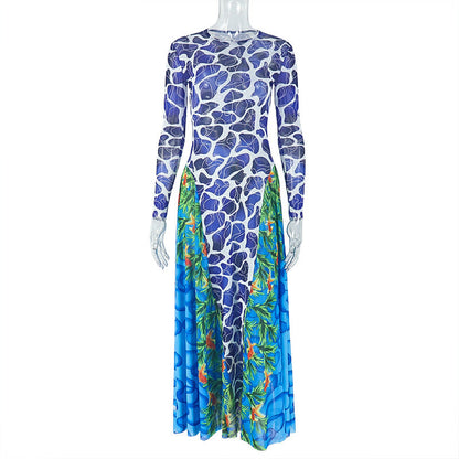 Printing Special Women Clothing Slightly Transparent Waist Slimming Hip Dress High Collar Long Sleeve Office Length Dress by Ragazza