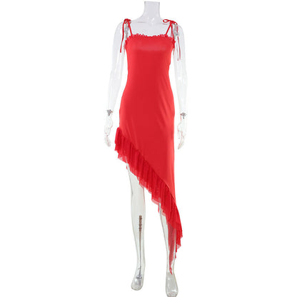 Women Clothes Fashionable Elegant Solid Color Slim Irregular Asymmetric Ruffled Spaghetti Straps Dress by Ragazza