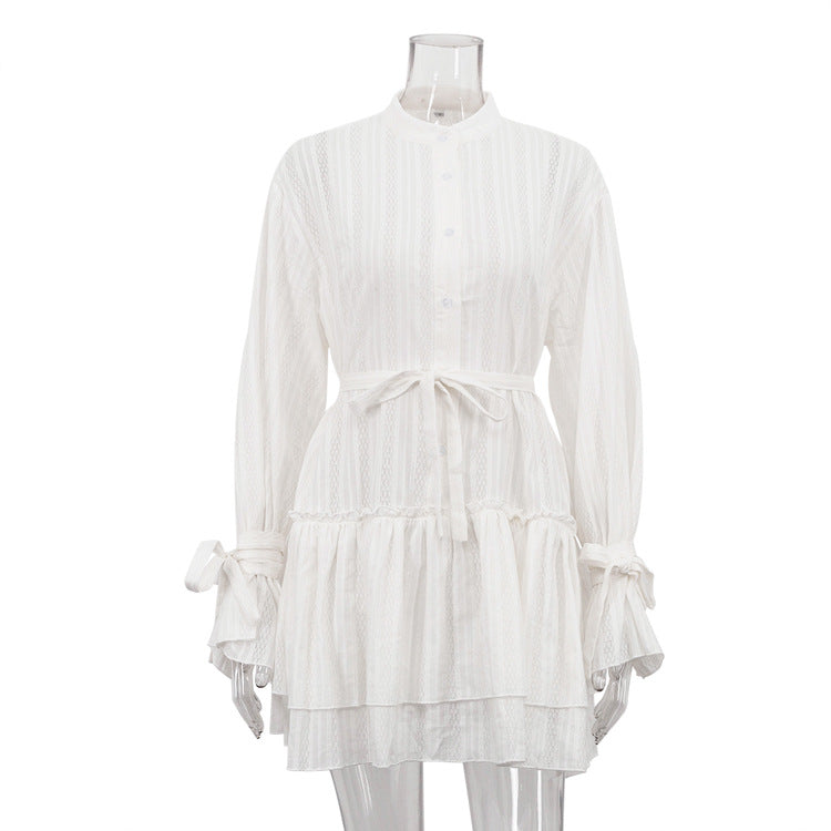 French Autumn Dress Women Clothing Stand up Collar Tie Ruffled Long Sleeve Short Dress by Ragazza
