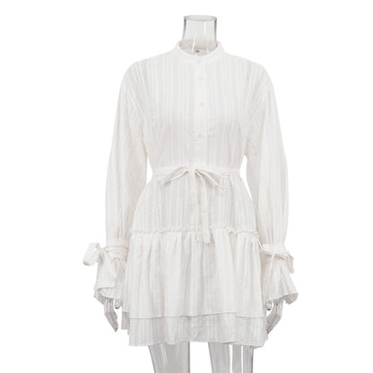 French Autumn Dress Women Clothing Stand up Collar Tie Ruffled Long Sleeve Short Dress by Ragazza