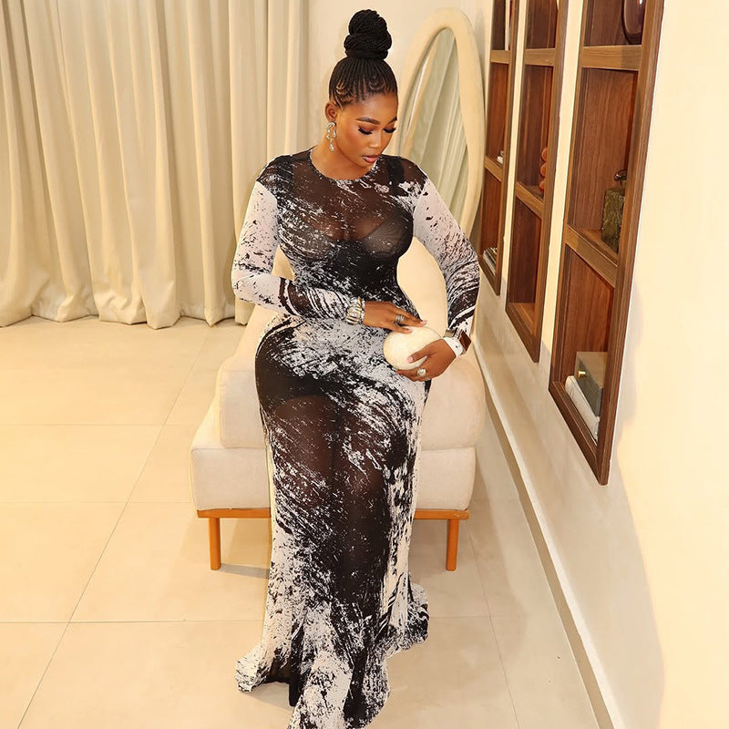 Personality Women Printed Wear Straight Hip Colorblock round Neck Long Sleeved Dress by Ragazza