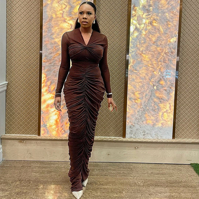 Women Clothing Pleated Slim Fit Elegant V neck Hip Dress Long Sleeve Solid Color Street Step Dress by Ragazza