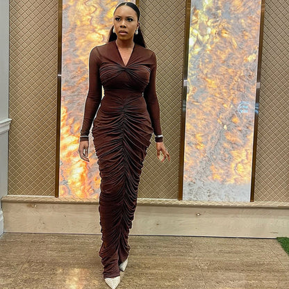 Women Clothing Pleated Slim Fit Elegant V neck Hip Dress Long Sleeve Solid Color Street Step Dress by Ragazza