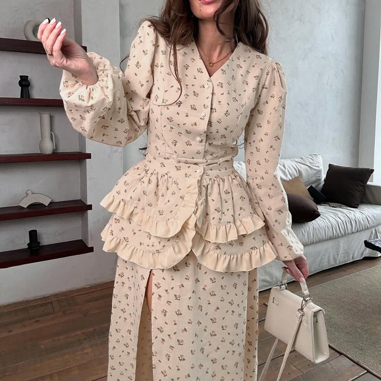 French Design Ruffled Waist Seal Printed V neck Puff Sleeve Elegant Split Dress Women Clothing by Ragazza