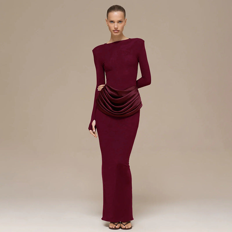 Women Clothing Autumn Winter Elegant Lady Slim Fit Long Sleeve Pleated Sheath Maxi Dress by Ragazza